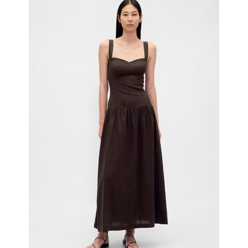 Gap Linen Blend Corset Drop Waist Maxi Dress Brown XXL